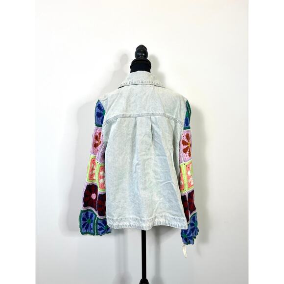 Blank NYC Young Love Jacket in Multi Medium Denim Floral Crochet Stretch Classic - Picture 3 of 6